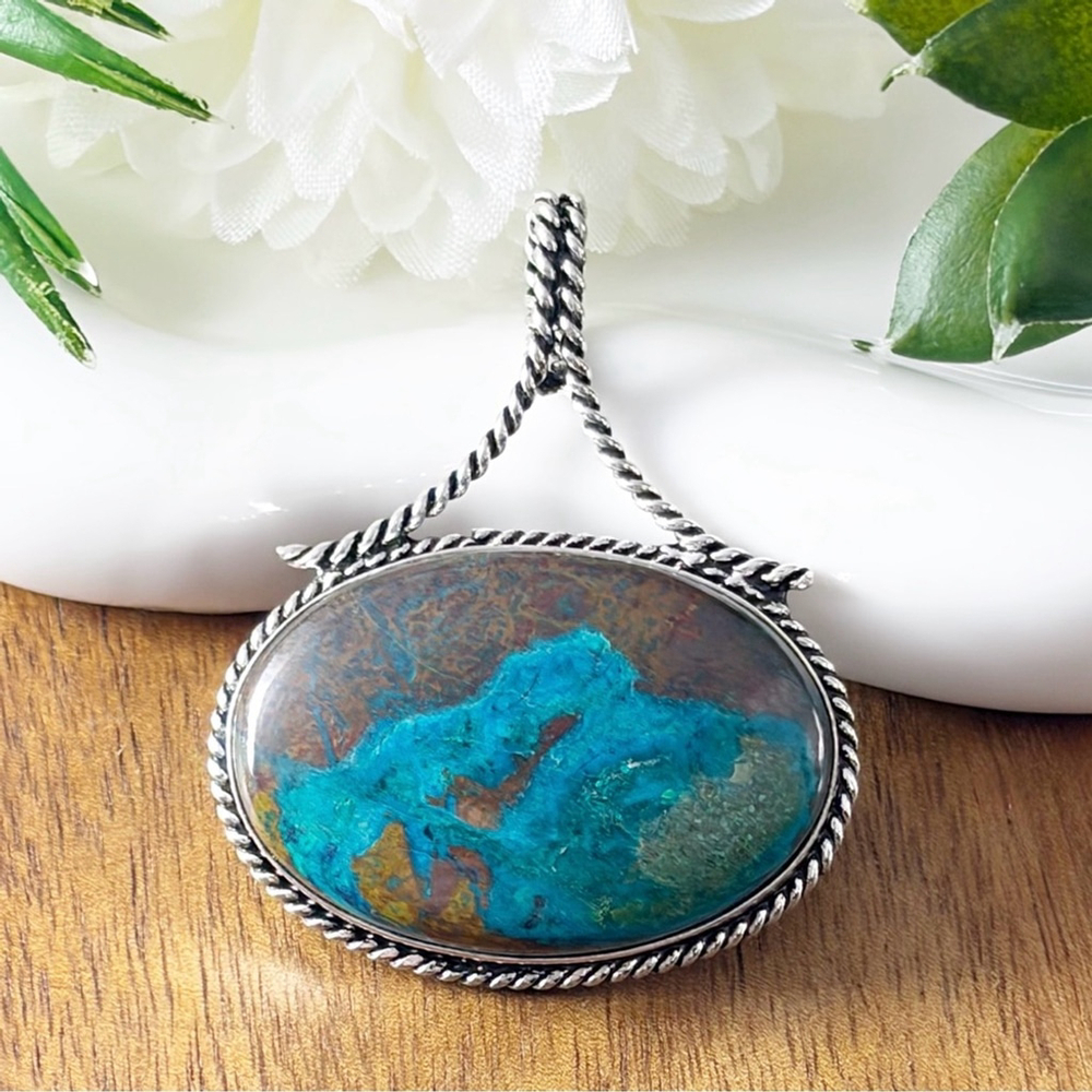 Blue Chrysocolla Pendant Chunky Boho Southwest New 925 Sterling Silver Overlay